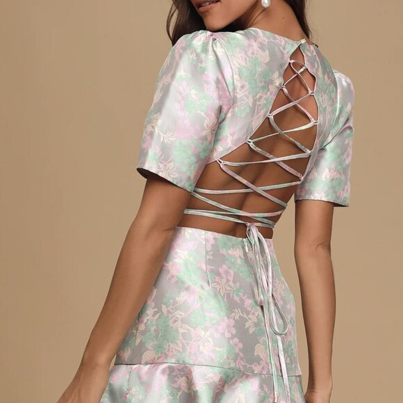 NWT Lulus Royal To Be Lavender Floral Jacquard Ruffled Skater Dress - Picture 3 of 8